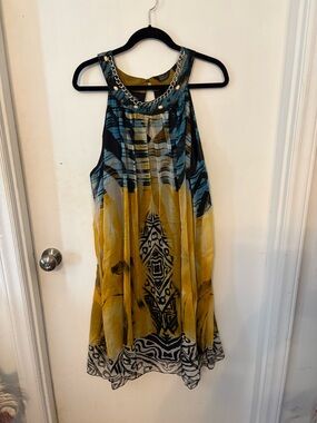 Mlle Gabrielle Yellow, Blue & Black Patterned Halter Dress with Chain Detail